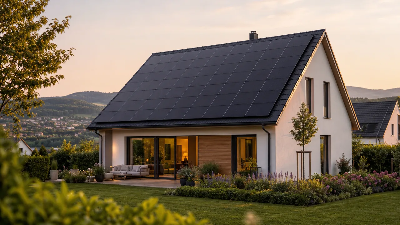 Modernes Eigenheim mit Photovoltaikanlage in Dresden zur goldenen Stunde